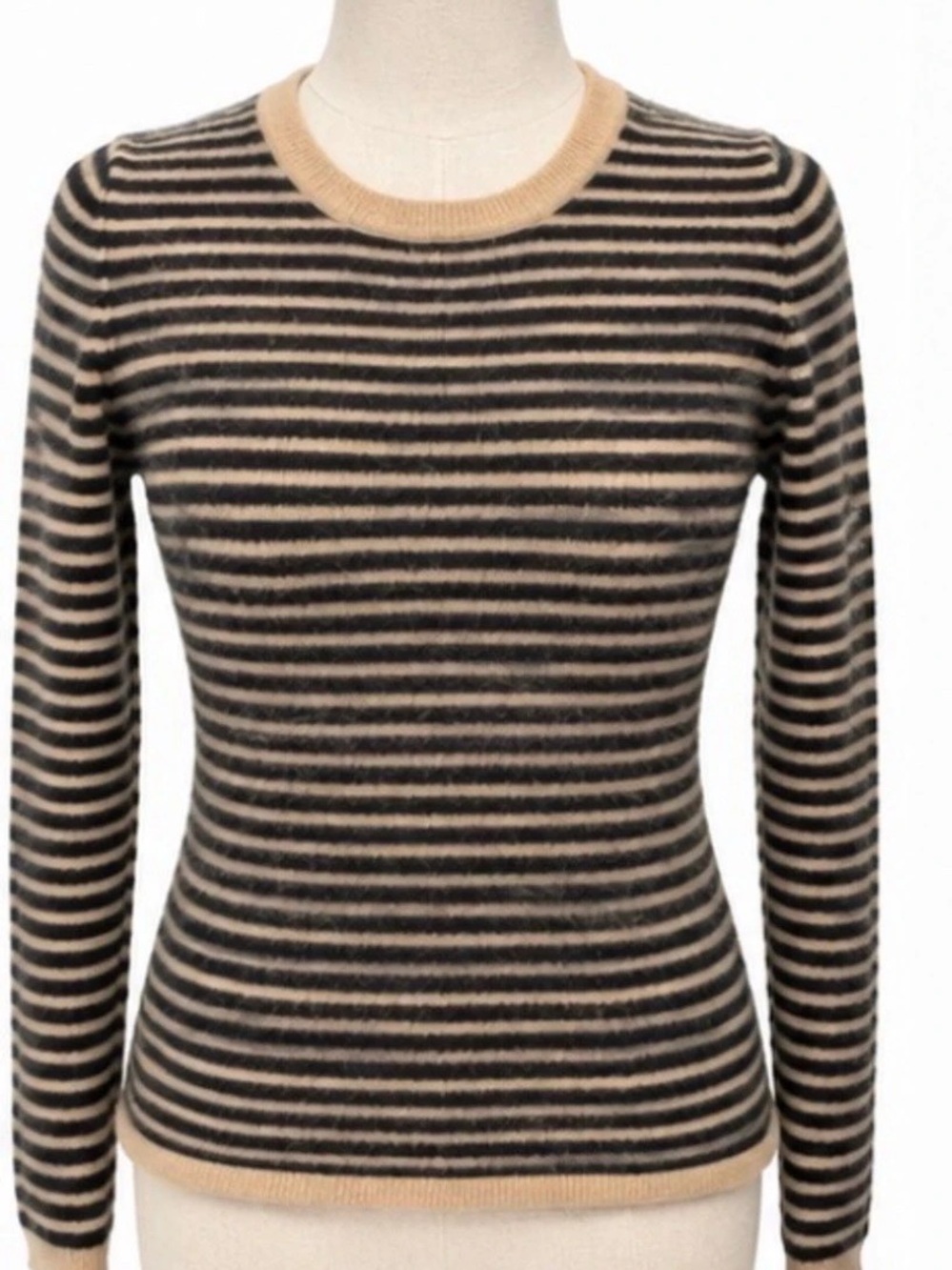Lord & Taylor 100% Cashmere Striped Sweater M Black Tan Crewneck